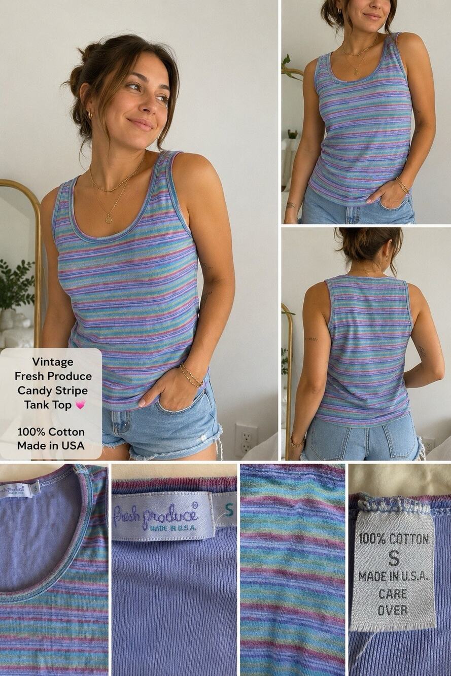Vintage Fresh Produce Candy Stripe Tank Top S Y2K 90s Rainbow Cotton USA